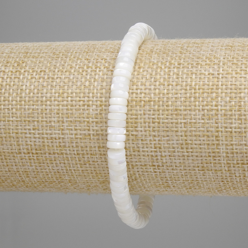 Bracelet Pearl white (Mother-of-Pearl) rondel, diameter 5.5×2mm ±, length 18cm ± stretch