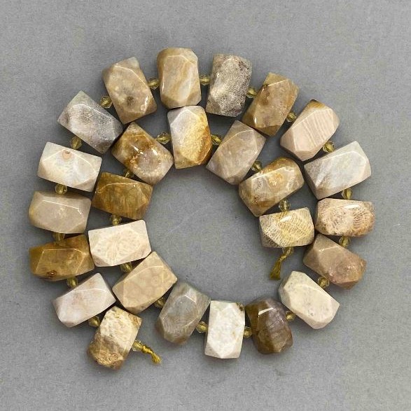 Trapped fossilised coral faceted beads 16-19×11-12mm+- beads 4mm+-, length 40cm+- on a thread
