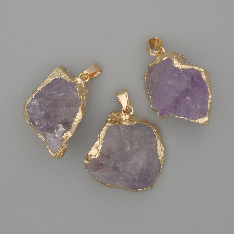 Amethyst Pendant of Unpolished Stone ~ 33×23mm+ - assorted sizes golden metal