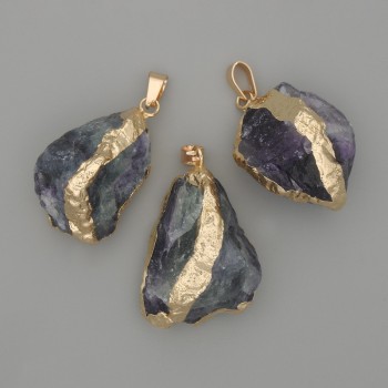 Fluorite Pendant, rough stone ~ 37x18mm±, assorted sizes, gold-tone metal
