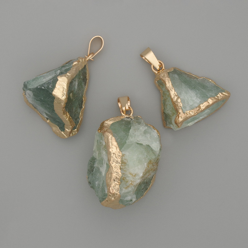 Fluorite Pendant, raw stone ~ 32×18mm ± assorted sizes, golden metal