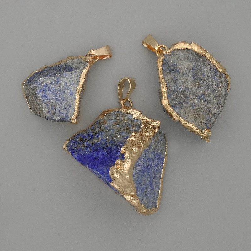 Lapis Lazuli Pendant, rough stone ~ 40×18mm±, assorted sizes, golden metal