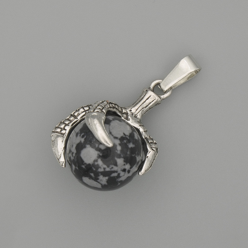 Pendant Snowy Obsidian Paw with Ball 18×37mm+- Silver Metal