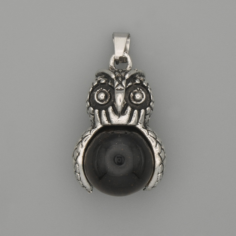 Pendant Owl Black Agate Silver Metal, 30x20mm diameter ±, length 37mm ±