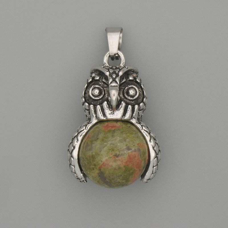 Pendant Owl Hematite Silvery Metal, diameter 30×20mm±, length 37mm±