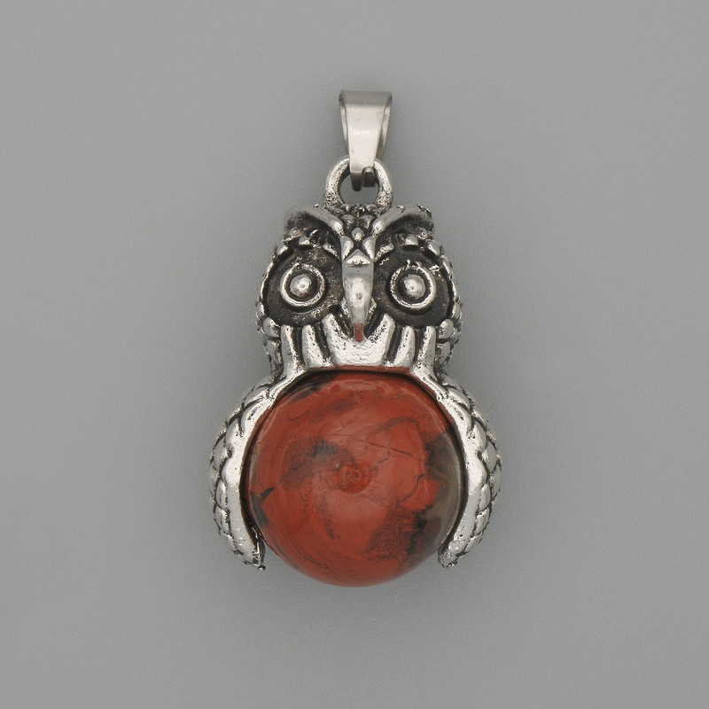 Pendant Owl red Jasper silver metal, diameter 30×20mm±, length 37mm±