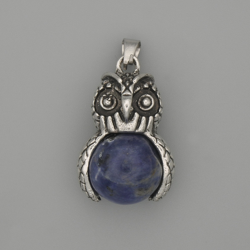 Owl Pendant Sodalite Silver Metal, 30×20mm approx., length 37mm approx.