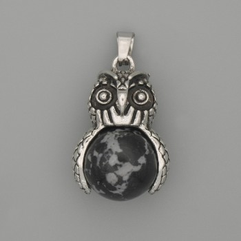 Pendant Owl Snowy Obsidian Silver Metal, diameter 30×20mm±, length 37mm±