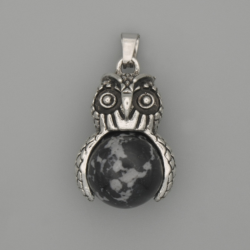 Pendant Owl Snowy Obsidian Silver Metal, diameter 30×20mm±, length 37mm±