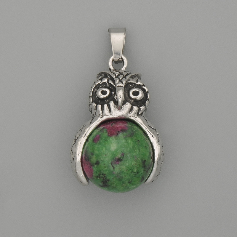 Pendant Owl Zoisite silver metal, diameter 30×20mm±, length 37mm±