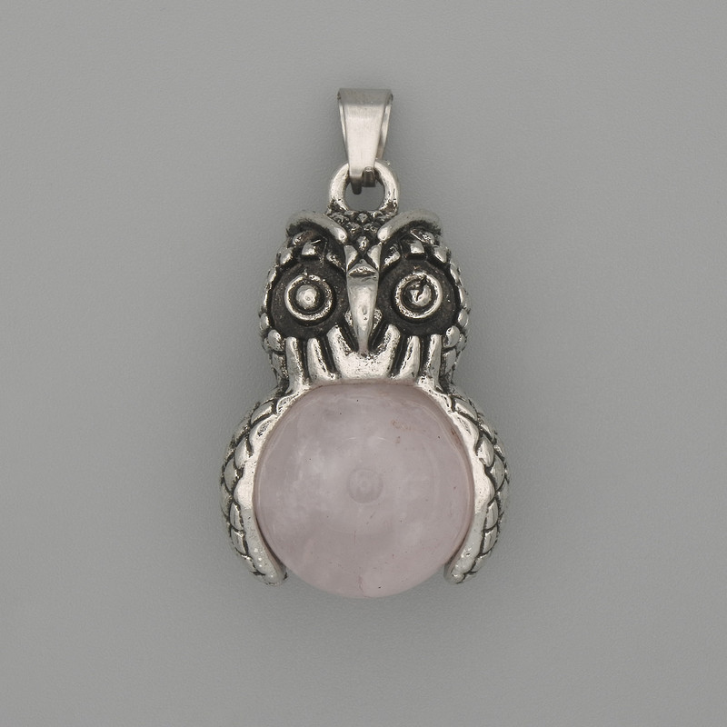 Pendant Owl Pink Quartz Silvered Metal, diameter 30x20mm+-, length 37mm+