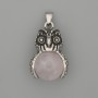 Pendant Owl Pink Quartz Silvered Metal, diameter 30x20mm+-, length 37mm+