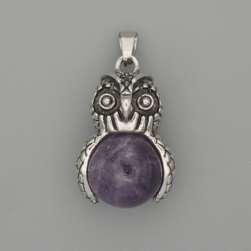 Owl Pendant with Amethyst, silver-toned metal, 30×20mm diameter ±, length ~37mm