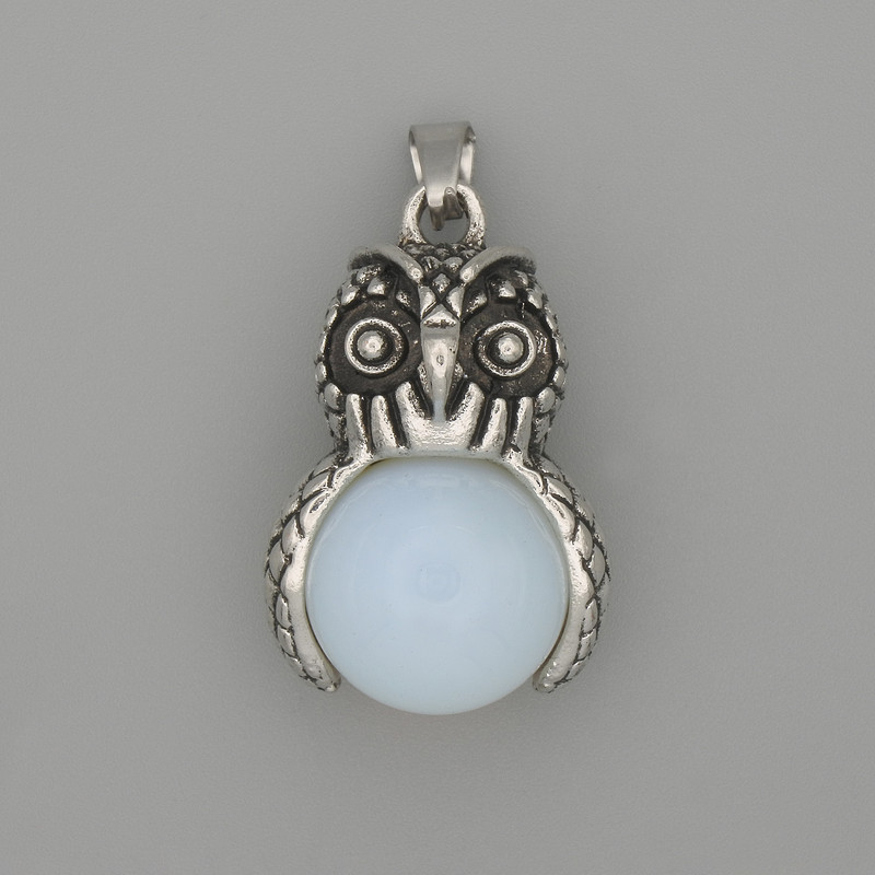 Owl Pendant Moonstone Silver Metal, diameter 30x20mm+-, length 37mm+-