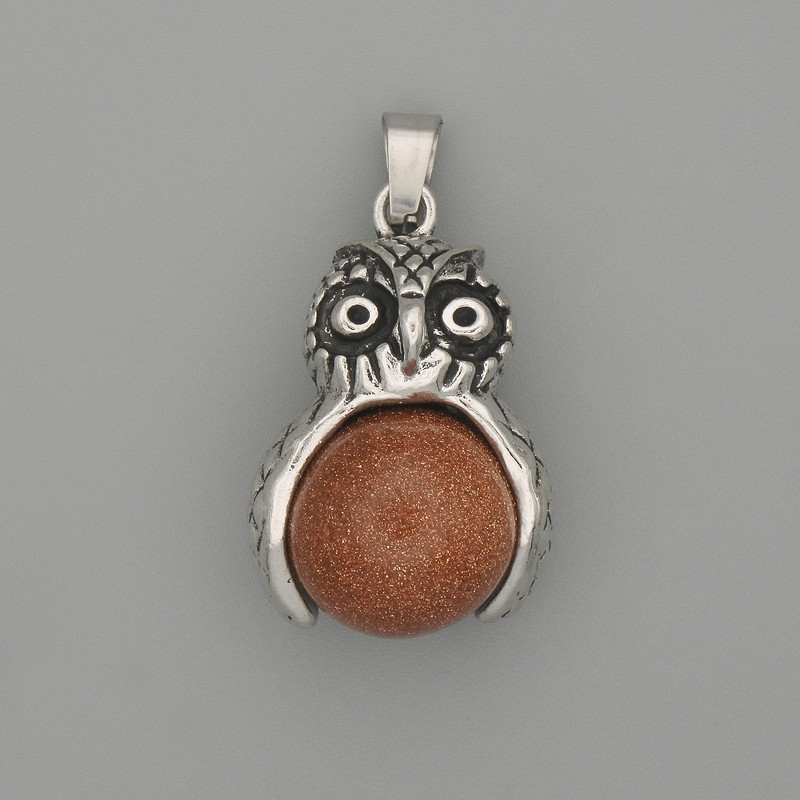 Pendant Owl Aventurine Gold Sand Silver Metal, diameter 30×20mm±, length 37mm±