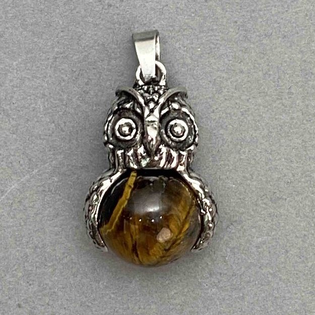 Pendant Owl Tiger's Eye Silver Metal, diameter 30x20mm+-, length 37mm+-
