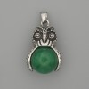 Owl Chrysoprase Pendant in Silvery Metal, 30×20mm diameter, 37mm length