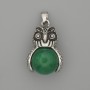 Owl Chrysoprase Pendant in Silvery Metal, 30×20mm diameter, 37mm length