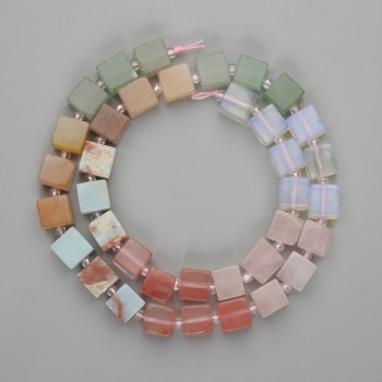 Assorted Beads of Chalcedony, Opalite and Rose Quartz Cube Beads 8x8mm±, seed beads 3mm±, length 38cm± on thread