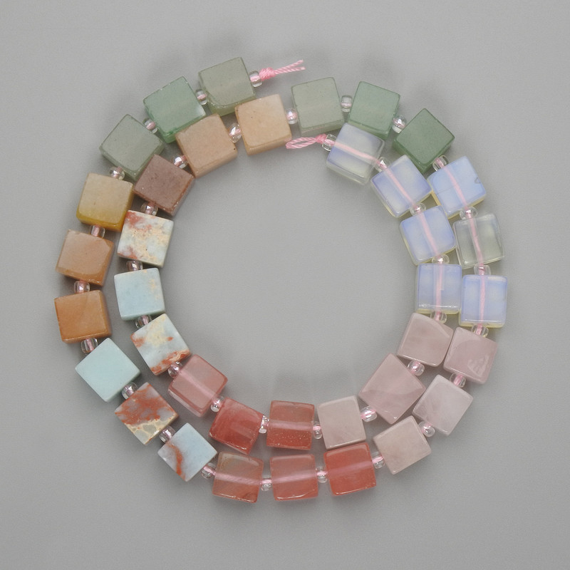 Assorted Beads of Chalcedony, Opalite and Rose Quartz Cube Beads 8x8mm±, seed beads 3mm±, length 38cm± on thread