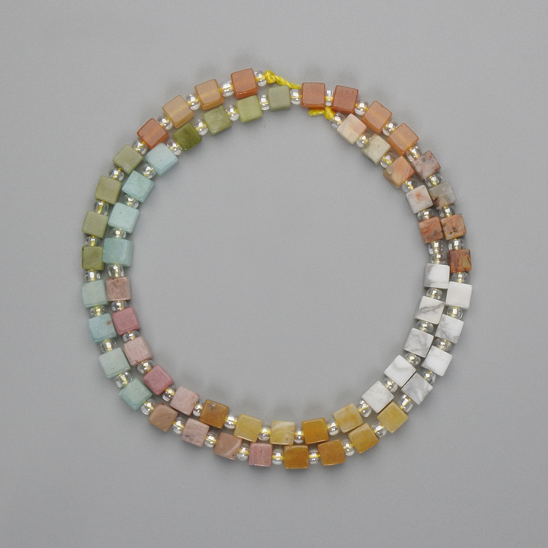 Assorted Beads: Moonstone, Rodonite, Jasper Cubes 4x4mm+- Beads 3mm+- on Thread, 38cm+-