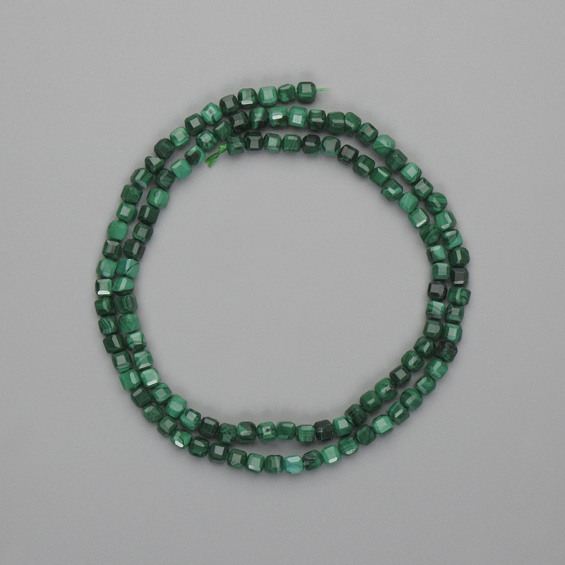 Malachite Beads Faceted Cube 3x3mm+, length 39cm+ on thread
