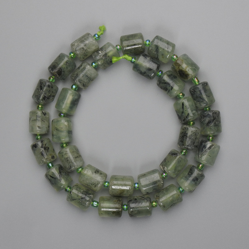 Clearance! Prehnite Beads Cylinder 10-11×9mm ±, 3mm+ seed beads, 40cm+ Length