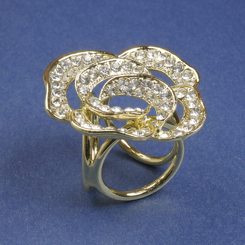 Brooch clip for scarves and shawls, white crystals flower 33mm±, golden metal, clip, diameter 22mm+