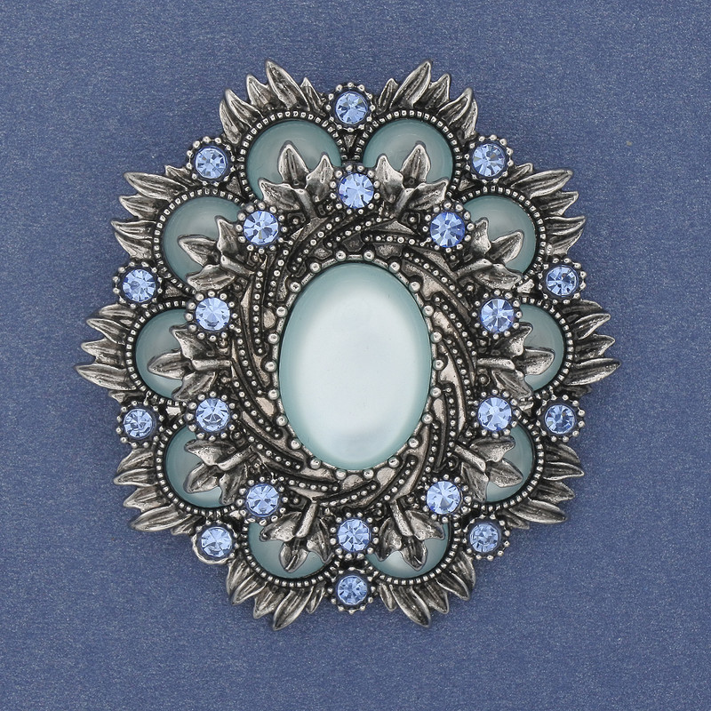 Brooch Pendant Accent Cat's Eye Blue Crystals Silver Metal 54×47mm+