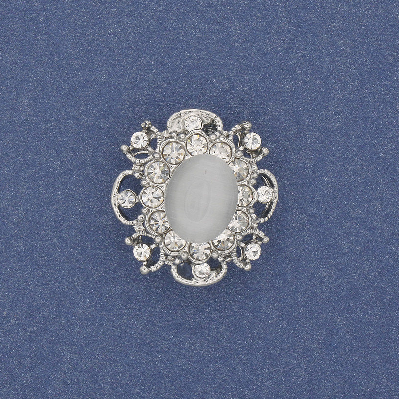 Brooch Accent Cat's Eye with White Crystals Silver Metal 22x19mm+