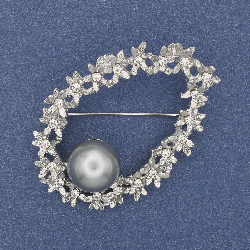 Brooch Crown with Pearl, White Crystals, Silver Metal 55x36mm+