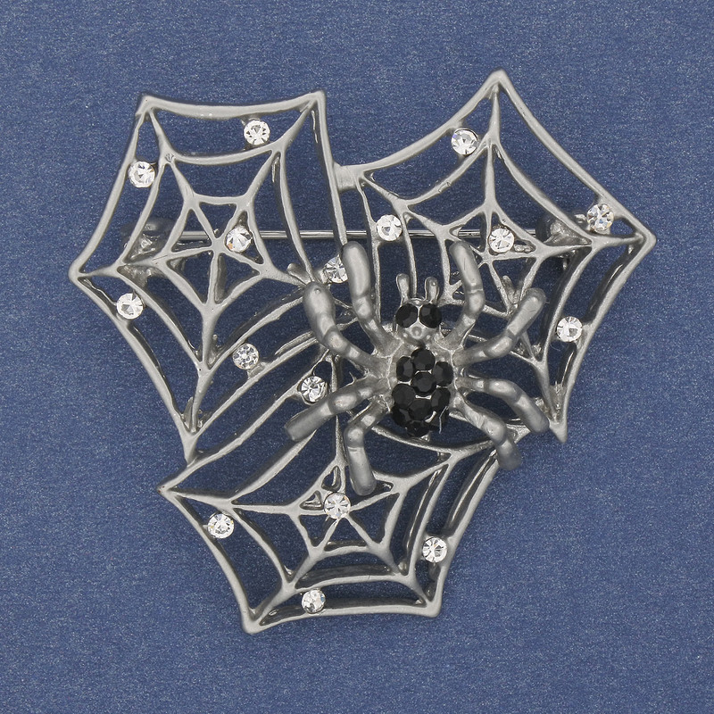Spider Brooch on Web with White and Black Rhinestones Silver Tone 43x43mm+