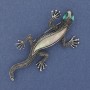 Brooch Lizard with mother-of-pearl and green crystals, silver-tone metal 34x67mm