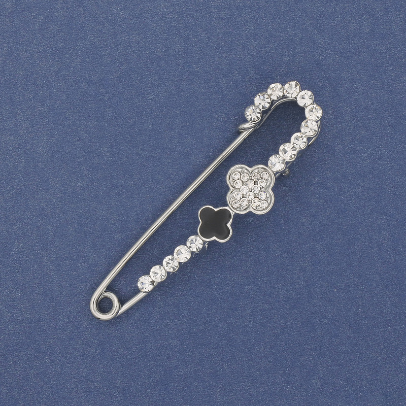 Brooch pin with clover motif, white crystals, 58x15mm±, silver metal