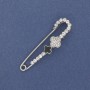 Brooch pin with clover motif, white crystals, 58x15mm±, silver metal