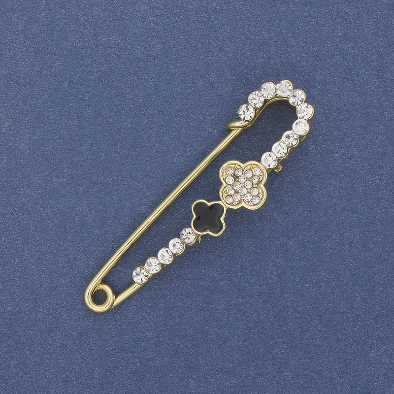 Brooch pin with a shamrock and white crystals 58×15mm± gold-tone metal