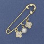 Brooch pin with pendant, pearl and clover 68x17mm±, golden metal