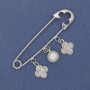 Brooch pin with pendants, pearl and clover 68×17mm± silver-tone metal