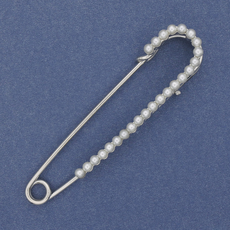 Brooch pin with white pearls 70x16mm+- silver metal