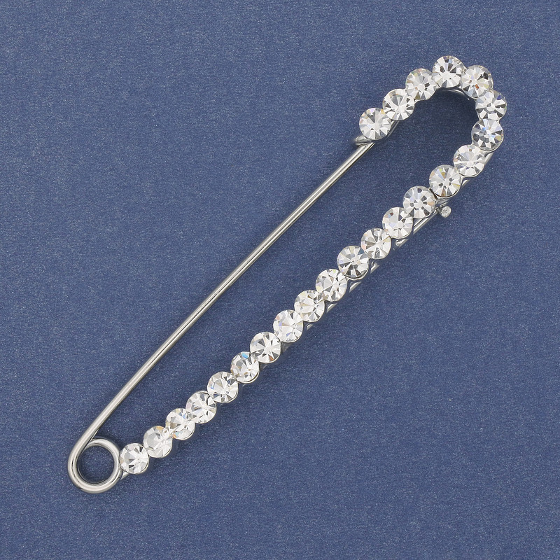 Brooch Pin with White Crystals 75x16mm± Silver Metal