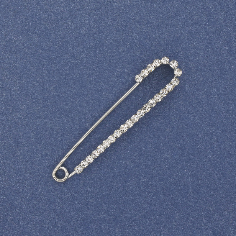 Brooch Pin with White Rhinestones 56x11mm± Silver Metal