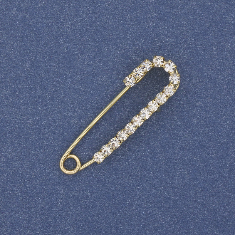 Brooch pin with white crystals 36×10mm± gold-tone metal