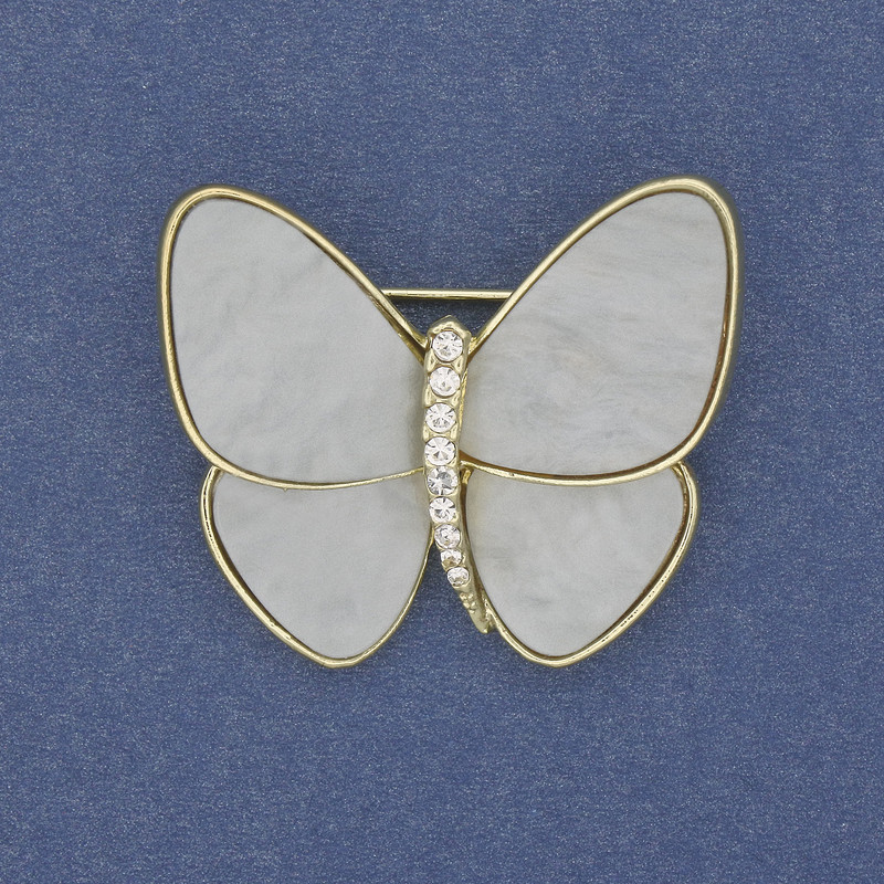 Butterfly Brooch light grey mother-of-pearl with golden metal 26x29mm+