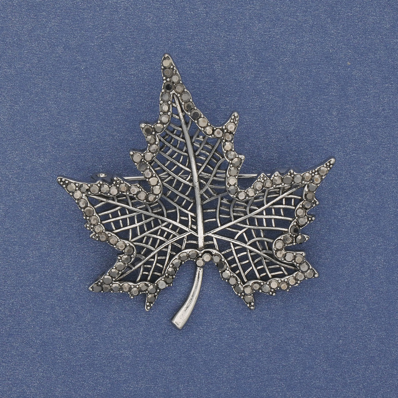 Brooch Clip Leaf V-shaped with grey rhinestones dark silver colour silver metal 45x44mm+