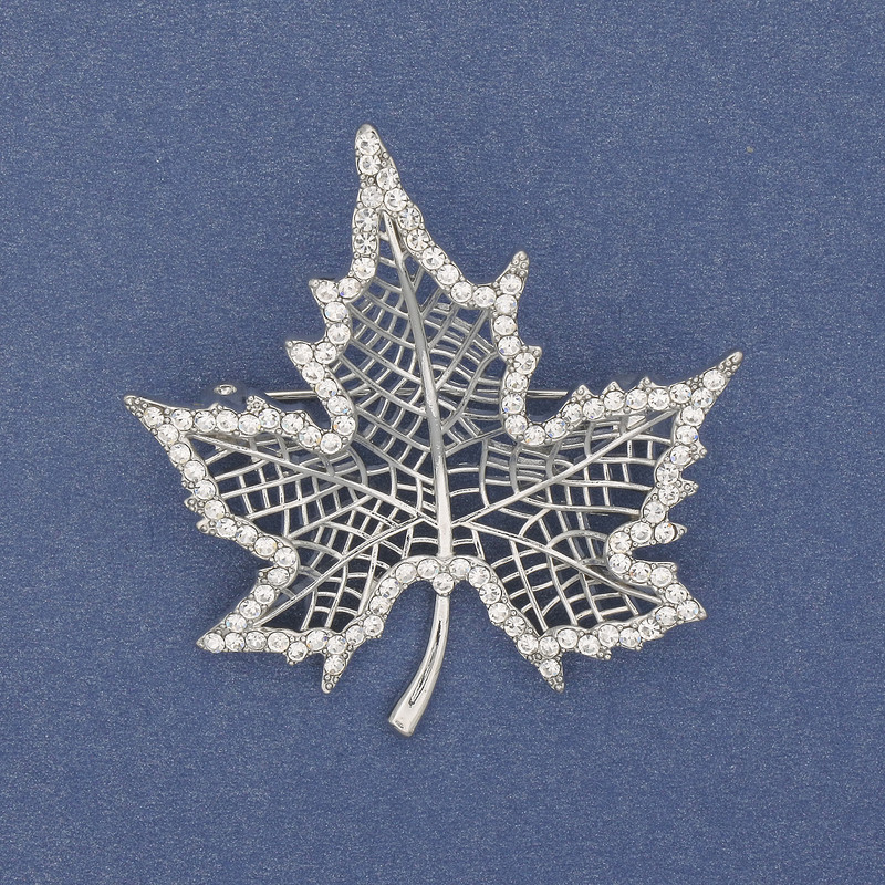 Brooch Clip Leaf with White Crystals Silver-toned metal 45x44mm+