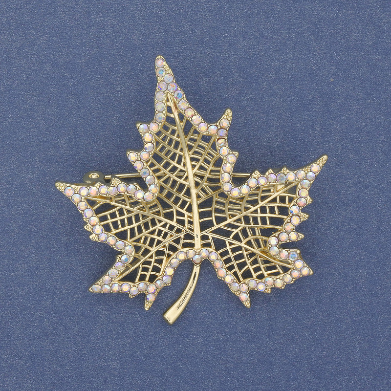 Claw-like Leaf Brooch with Rainbow Rhinestones, Golden Metal 45x44mm+