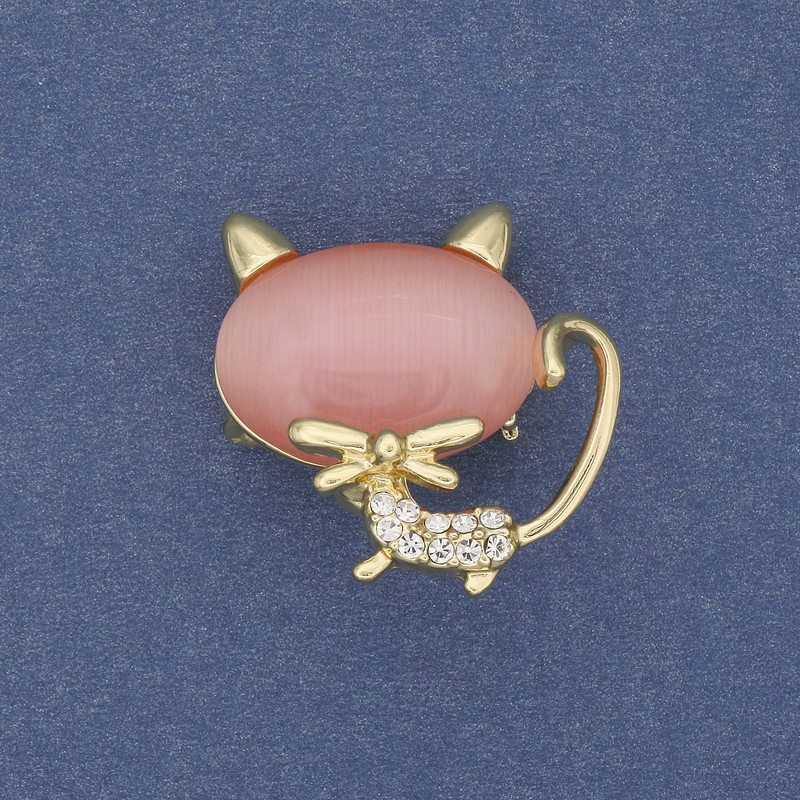 Brooch Pendant Cat Pink Cat's Eye Golden Metal 26×27mm