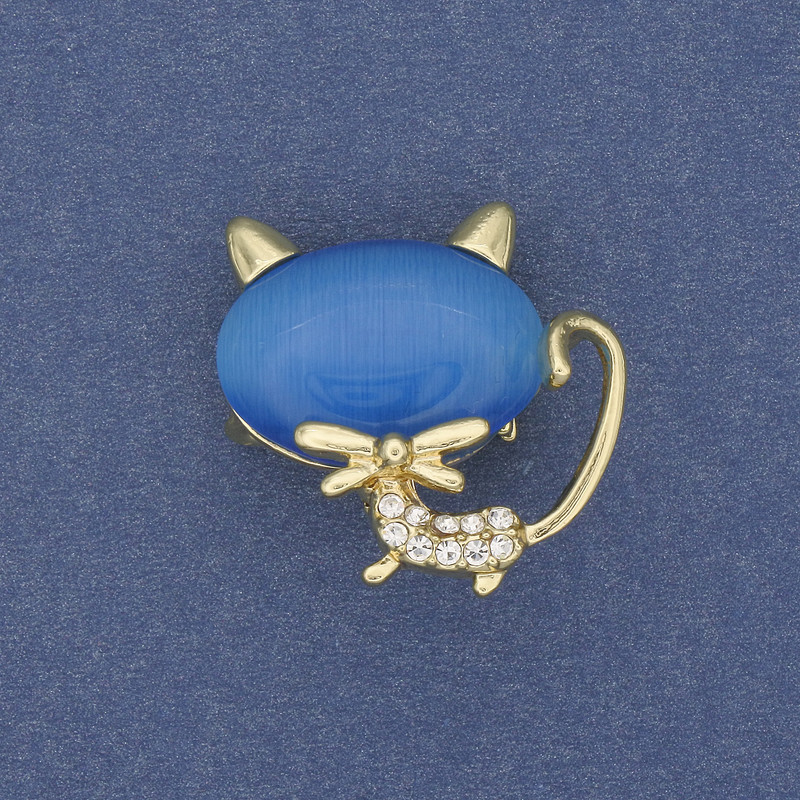 Brooch Pendant Cat blue Cat's Eye golden metal 26x27mm+