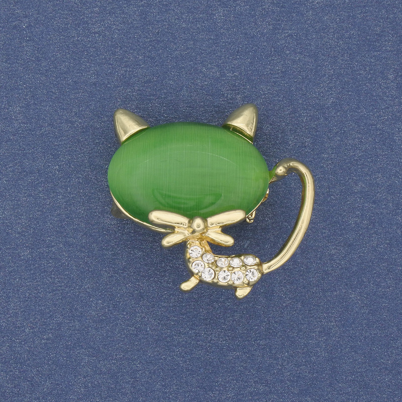 Brooch pendant Cat green Cat's Eye golden metal 26x27mm+