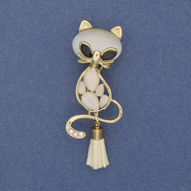 Brooch pendant Cat with cat's eye gemstone Golden metal 43×17mm+